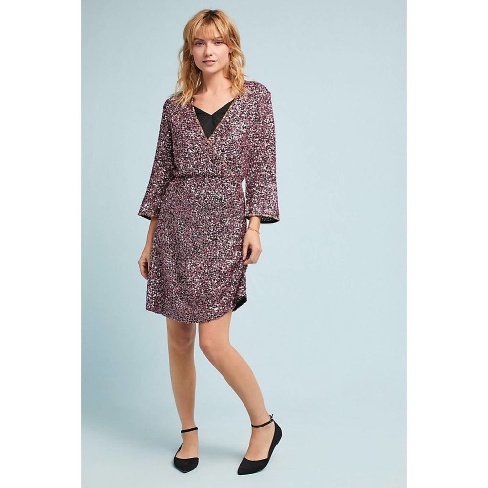 Anthropologie Varun Bahl Purple Sequin Wrap Dress